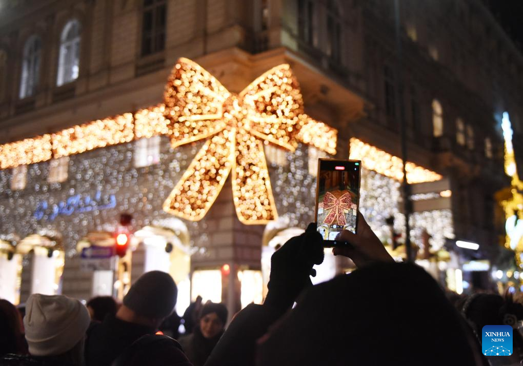 People take photo of decorative lights in Vienna, Austria, Dec. 22, 2025. (Xinhua/He Canling)