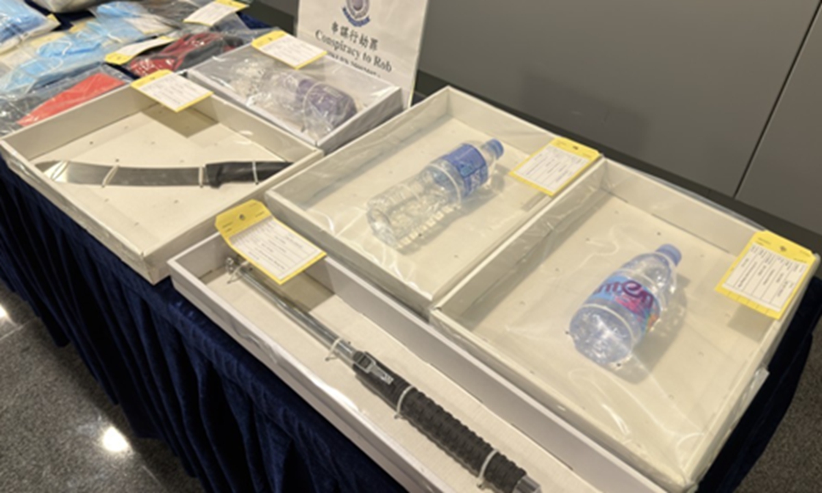 Some of the evidence seized by Hong Kong police in a recent robbery case involving a total of 1 billion yen ($6.4 million) was exhibited at a media briefing on December 22, 2025. Photo: Sing Tao Daily 