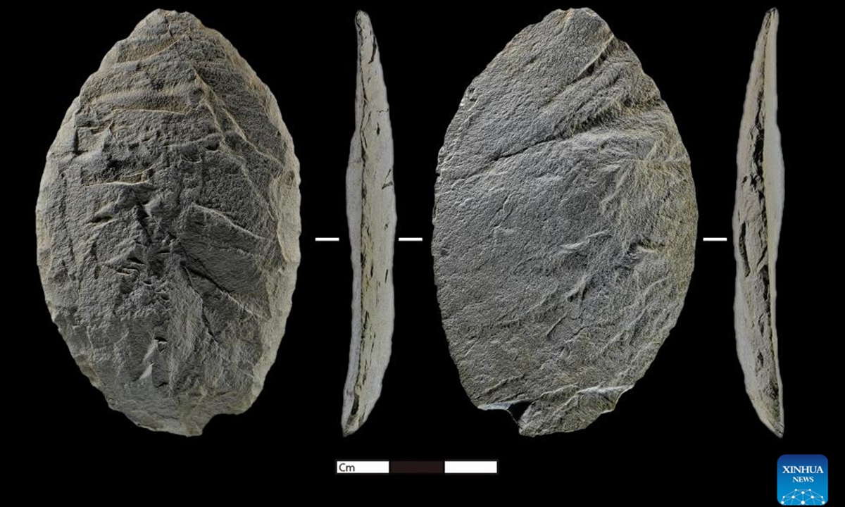 This undated combo photo shows front, back and side views of a stone artifact unearthed from the Tsungqen Co site in Daocheng County, Garze Tibetan Autonomous Prefecture, southwest China's Sichuan Province.  Photo: Sichuan Provincial Cultural Relics and Archaeology Research Institute/Handout via Xinhua