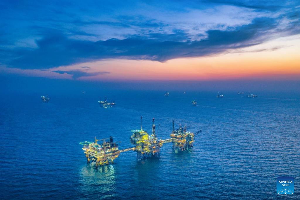 An aerial drone photo taken on Dec. 21, 2025 shows the offshore oil and gas platforms in Bohai Oilfield.(Photo by Du Penghui/Xinhua)