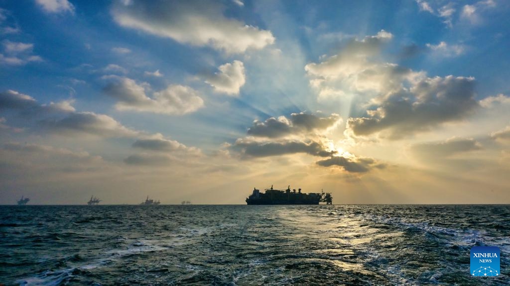 An aerial drone photo taken on Dec. 21, 2025 shows the offshore oil and gas platforms in Bohai Oilfield.(Photo by Du Penghui/Xinhua)