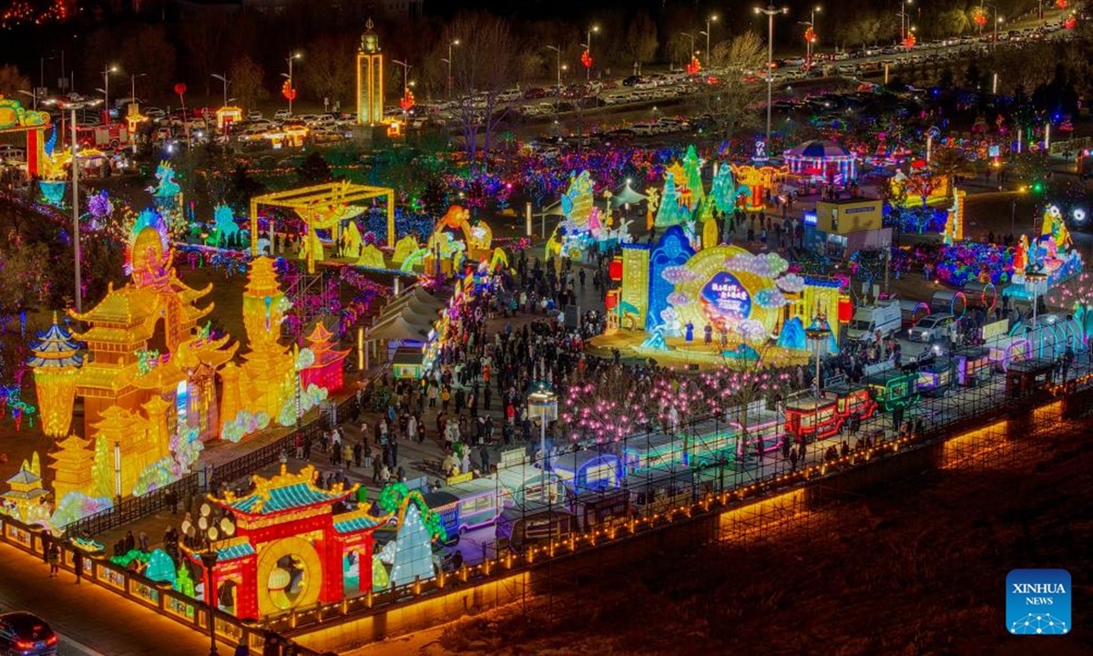 An aerial drone photo taken on Dec. 20, 2025 shows a light festival in Horqin Right Wing Front Banner, Hinggan League, north China's Inner Mongolia Autonomous Region. A light festival kicked off here on Saturday, attracting many people to come and enjoy various illuminated installations. (Xinhua)