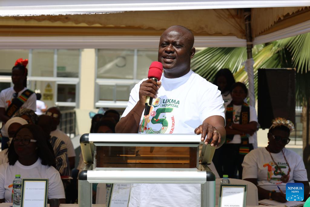Robert Amesiya, acting regional director of Health Services, speaks during the celebration marking the 15th anniversary of the China-Ghana Friendship Hospital in Accra, the capital of Ghana, Dec. 23, 2025. The hospital, also known as Lekma Hospital, on Tuesday marked the 15th anniversary of its establishment here.(Photo by Seth/Xinhua)