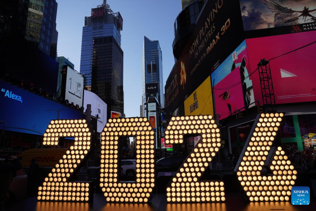 This photo taken on Dec. 22, 2025 shows a light installation for the upcoming 2026 at Times Square in New York, the United States. (Xinhua/Zhang Fengguo)