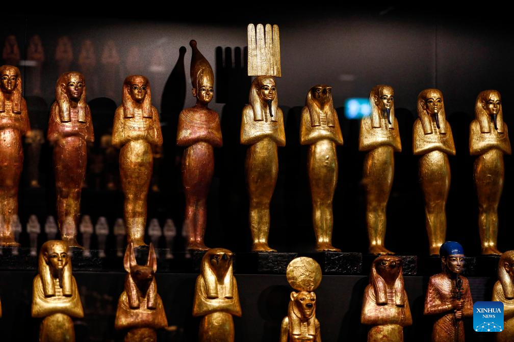 Artifacts are displayed at the Grand Egyptian Museum in the Greater Cairo, Egypt, Dec. 23, 2025. The Grand Egyptian Museum opened its doors to the public on Nov. 4, establishing itself as one of the world's largest displays of ancient relics, and a high-tech fort dedicated to heritage conservation. (Xinhua/Ahmed Gomaa)