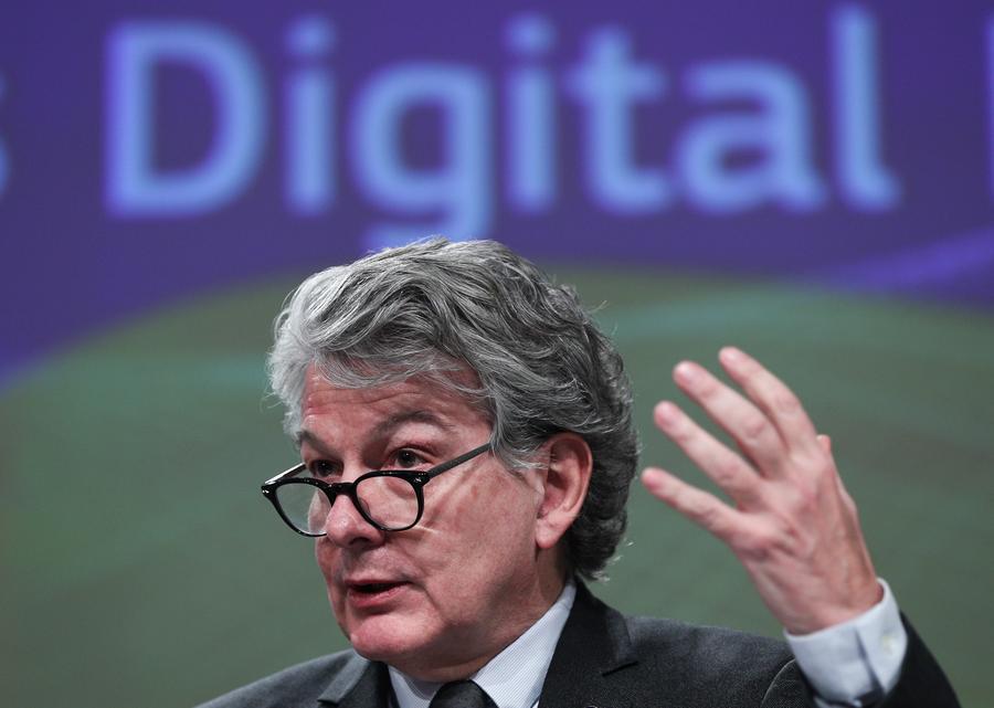 Thierry Breton, European Commissioner for Internal Market, speaks during a press conference at the EU headquarters in Brussels, Belgium, Feb. 19, 2020. The European Commission on Wednesday unveiled its ideas and actions for a digital transformation, the data strategy and the policy options for the development of Artificial Intelligence (AI). (Xinhua/Zheng Huansong)