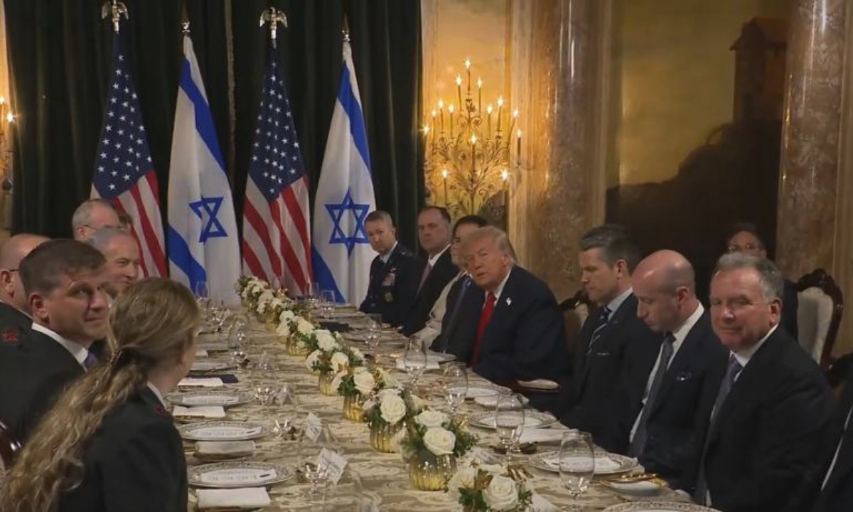 A screen shot taken from a video released by the White House shows U.S. President Donald Trump meeting with Israeli Prime Minister Benjamin Netanyahu at the Mar-a-Lago estate in Palm Beach, Florida, the United States, Dec. 29, 2025. (Xinhua)