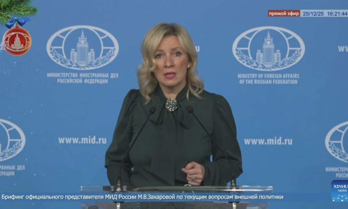 This video screenshot shows Russian Foreign Ministry Spokesperson Maria Zakharova speaking at a press briefing in Moscow, Russia, Dec. 25, 2025. Russia on Thursday condemned Japan's attempts to whitewash its history of militarist aggression and war crimes, urging Tokyo to face up to its past and make genuine atonement to the victims. Zakharova said that Japan ought to construct a memorial hall dedicated to the victims of Japanese militarism, and should dispatch representatives to lay tributes there every year, or even more frequently, as a way to atone for the crimes it has committed. (Xinhua)