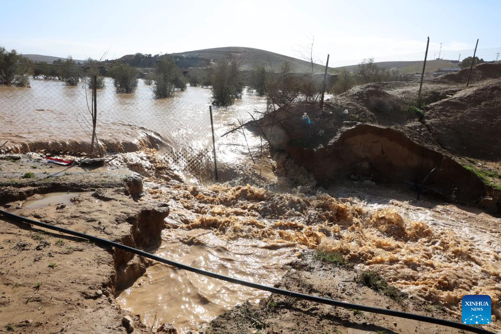 Floodwater breaches a riverbank in southern Israel on Dec. 28, 2025. Israel's winter rainy season frequently brings floods. (Photo by Gil Cohen Magen/Xinhua)