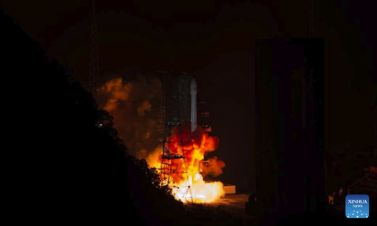 A Long March-3B rocket carrying the Fengyun-4 03 satellite blasts off from the Xichang Satellite Launch Center in southwest China's Sichuan Province, Dec. 27, 2025. The satellite has entered its planned orbit. (Photo by Zhang Hebin/Xinhua)