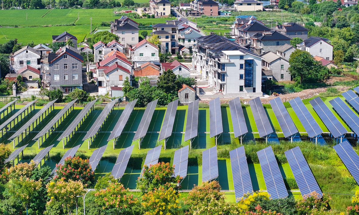 Solar panels are installed above a rural fish pond in Huzhou, East China's Zhejiang Province, on September 22, 2025. Photo: VCG