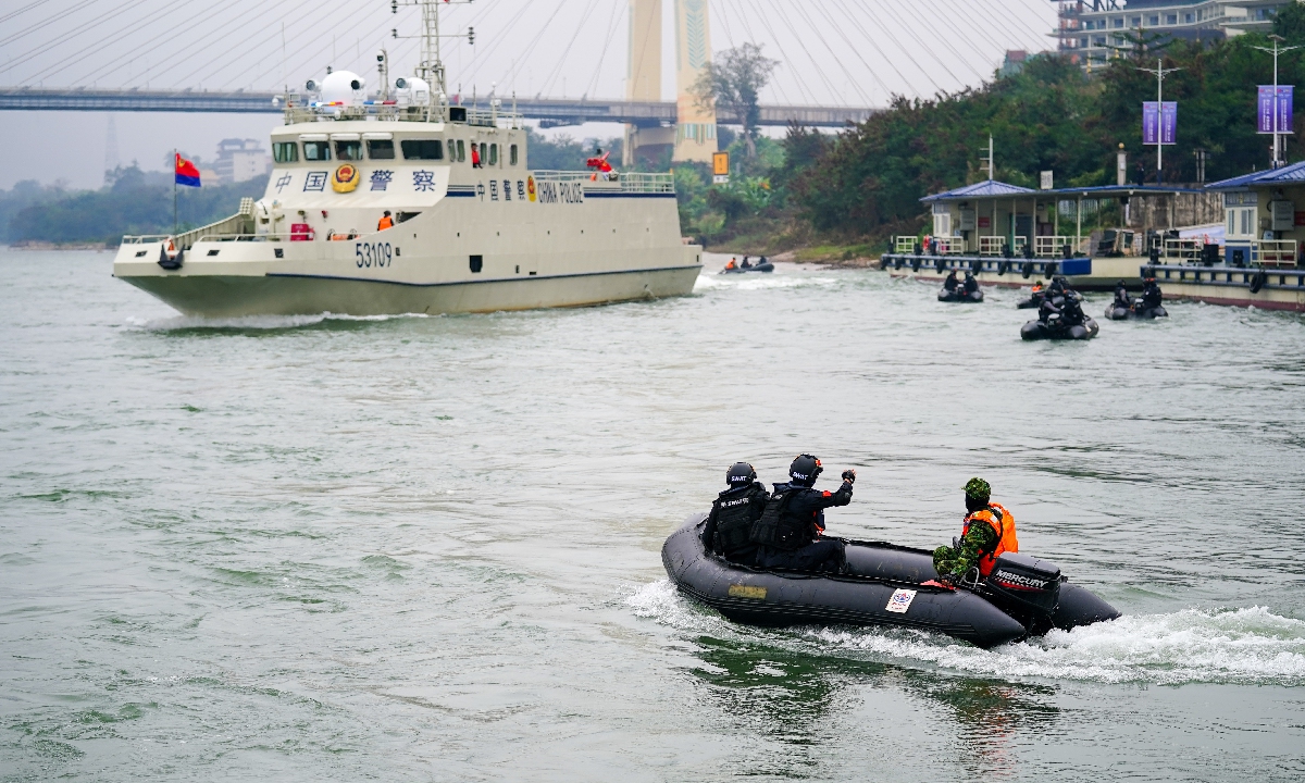 A joint patrol and exercise on handling water emergencies among China, Laos, Myanmar and Thailand law enforcement forces is held on December 25, 2025 on waters of Lancang River in Xishuangbanna, Southwest China's Yunnan Province. Photo: cnsphoto 