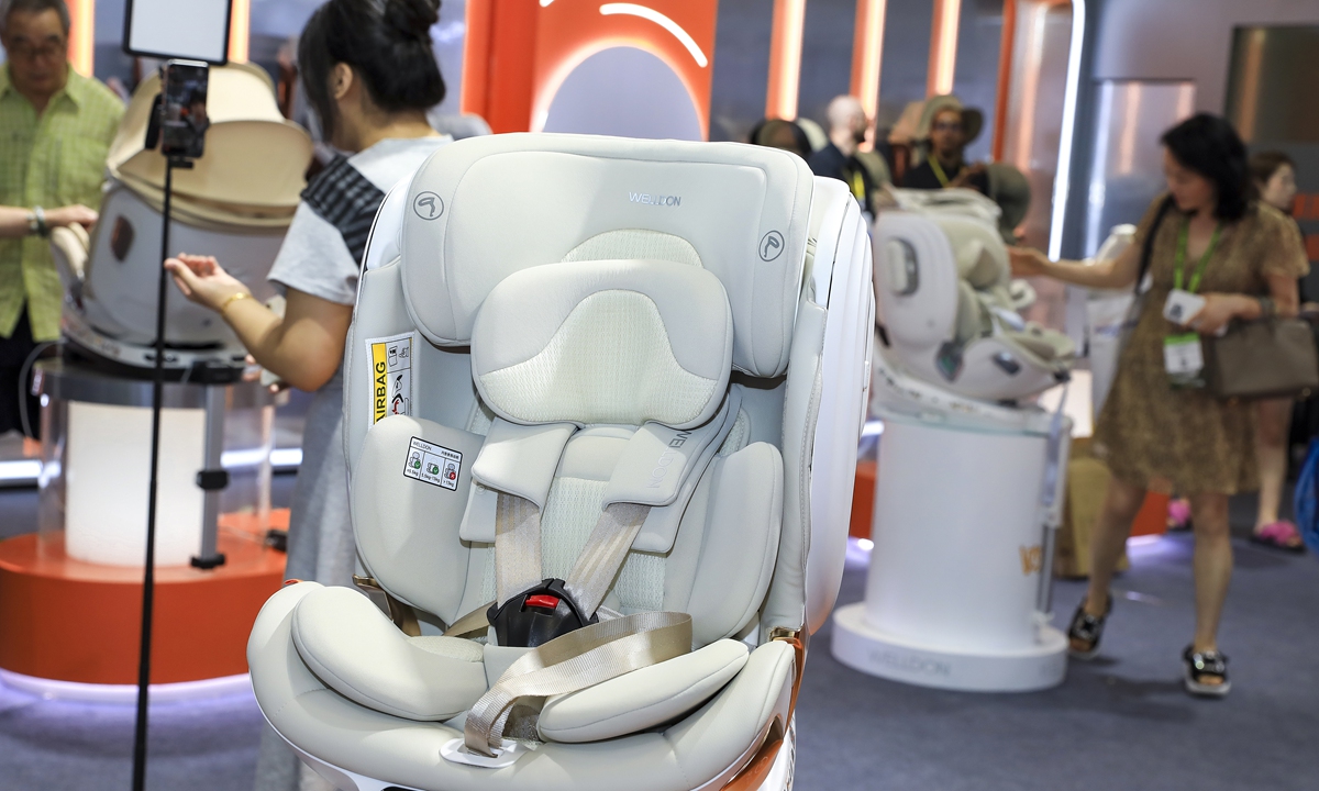 An infant car seat is on display at an industry show in Shanghai on July 17, 2025. File photo: VCG