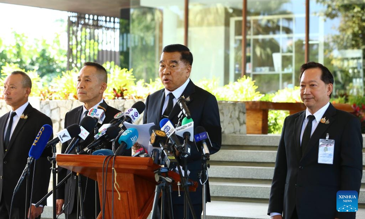 Thai Defense Minister Natthapon Nakpanich (C) speaks during a press conference after the third Special Cambodia-Thailand General Border Committee meeting held at a border checkpoint in Chanthaburi Province, Thailand, Dec. 27, 2025. Thailand and Cambodia signed a joint statement on Saturday to agree on a ceasefire from 12:00 p.m. local time. (Xinhua/Sun Weitong)