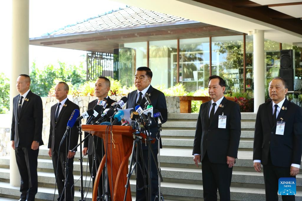 Thai Defense Minister Natthapon Nakpanich (C) speaks during a press conference after the third Special Cambodia-Thailand General Border Committee meeting held at a border checkpoint in Chanthaburi Province, Thailand, Dec. 27, 2025. Thailand and Cambodia signed a joint statement on Saturday to agree on a ceasefire from 12:00 p.m. local time. (Xinhua/Sun Weitong)