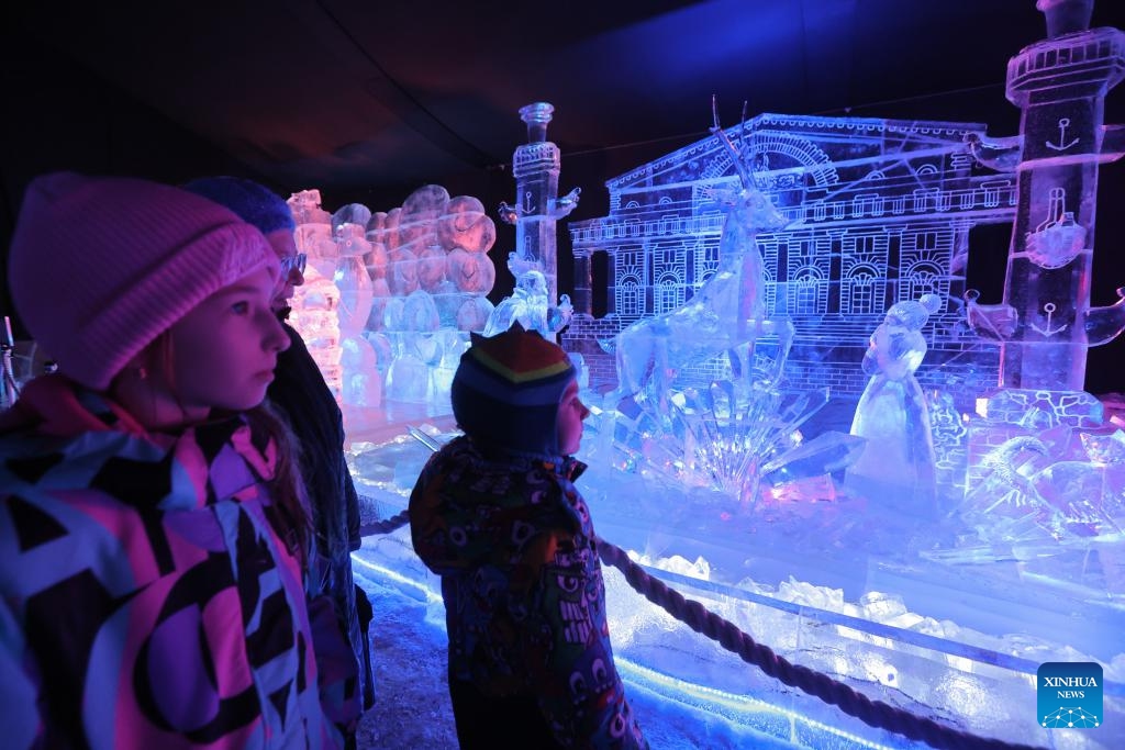 People visit an ice sculpture festival in St. Petersburg, Russia, Dec. 27, 2025. The event kicked off here on Saturday. (Photo by Irina Motina/Xinhua)