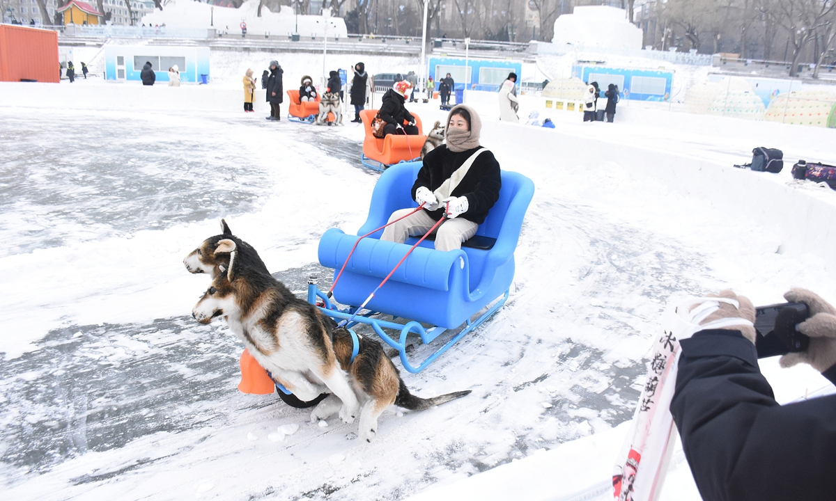 A tourist enjoys a ride on an ice sled pulled by a lifelike robotic dog at the Harbin Songhua River Ice and Snow Carnival in Northeast China's Heilongjiang Province on December 28, 2025. Photo: VCG