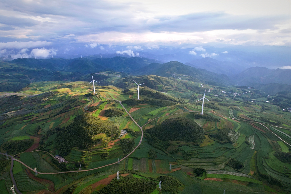 Wind turbines operate atop mountain peaks in Bijie, Southwest China's Guizhou Province, on July 11, 2025. Photo: VCG