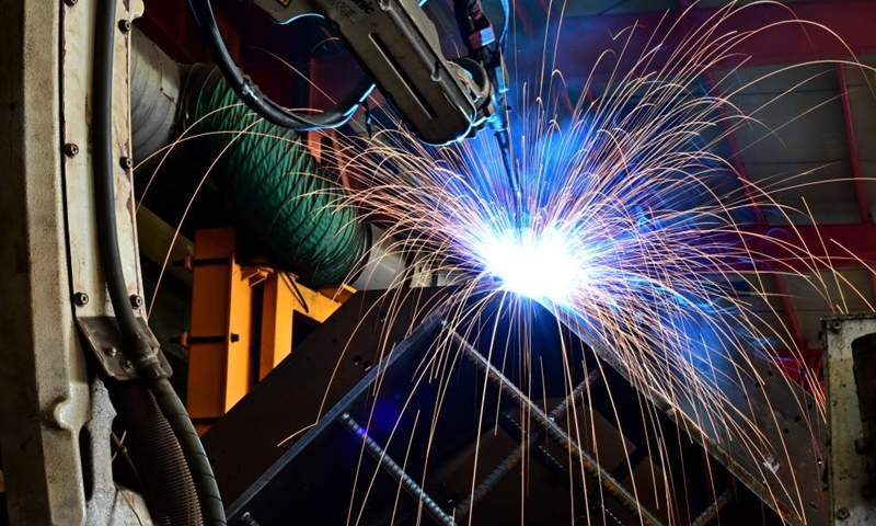 This photo taken on Dec. 28, 2025 shows an intelligent welding device working at an auto parts company in Fengnan District of Tangshan, north China's Hebei Province. In recent years, Fengnan District of Tangshan has actively pursuing opportunities to develop new quality productive forces, boosting high-quality development. (Xinhua/Yang Shiyao)