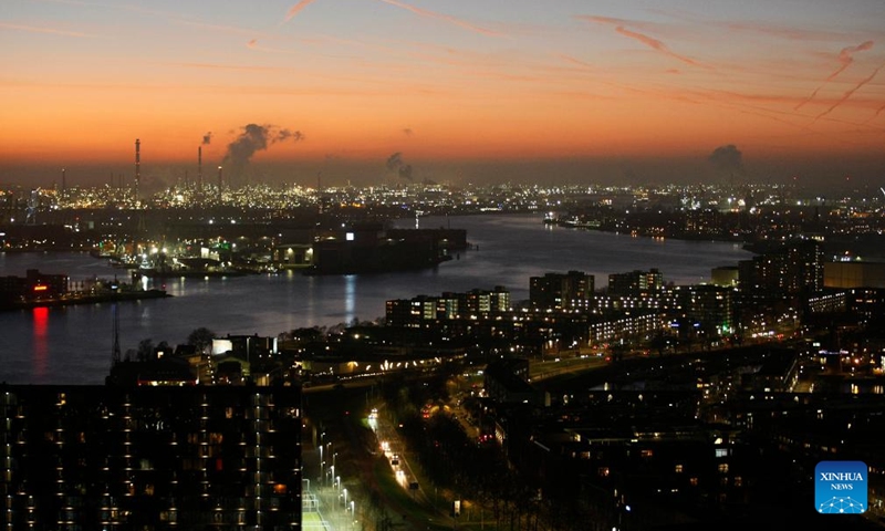 This photo taken from Rotterdam's Euromast on Dec. 28, 2025 shows the night city view of Rotterdam, the Netherlands. (Xinhua/Shao Haijun)