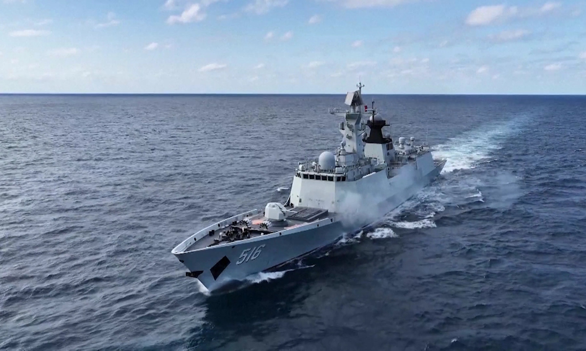 The Type 054A guided missile frigate Huaibei participates in the Justice Mission 2025 joint military drills organized by the PLA Eastern Theater Command in waters around the island of Taiwan on December 29, 2025. Photo: VCG