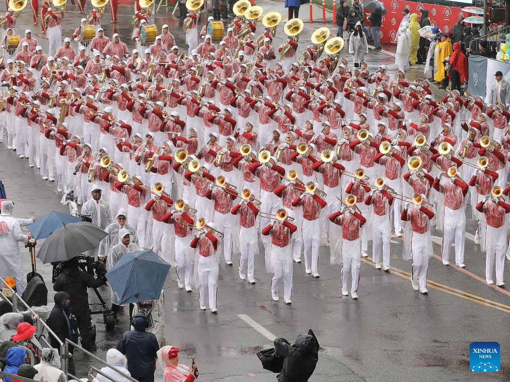 Performers march during the 137th Rose Parade in Pasadena, California, the United States, on Jan. 1, 2026. The 137th Rose Parade kicked off Thursday morning in Pasadena, known as the 