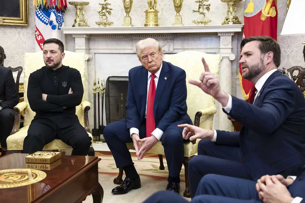 Ukrainian President Volodymyr Zelensky meets with US President Donald Trump and Vice President JD Vance at the White House on March 1, Beijing time. Photo: VCG