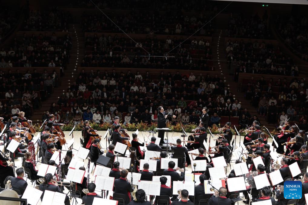 Performers play at the Wuxi Symphony Orchestra's 2026 New Year concert in Wuxi, east China's Jiangsu Province, Jan. 1, 2026. People across China celebrate the arrival of 2026 with a wide range of festivities on Thursday, the first day of the year. (Photo by Liu Zhenrui/Xinhua)