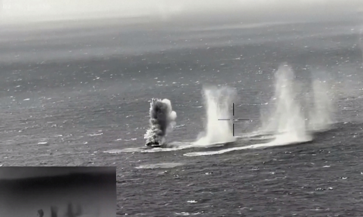 Rockets launched from long-range modularized rocket systems hit target in the waters to the north of the Taiwan island during live fire drills on December 30, 2025. Photo: VCG