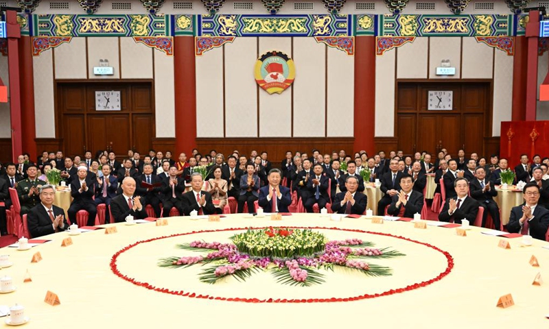 Leaders of the Communist Party of China and the state Xi Jinping, Li Qiang, Zhao Leji, Wang Huning, Cai Qi, Ding Xuexiang, Li Xi and Han Zheng attend the New Year gathering held by the National Committee of the Chinese People's Political Consultative Conference (CPPCC) in Beijing, capital of China, Dec. 31, 2025. The leaders also watched a performance at the gathering. (Xinhua/Xie Huanchi)