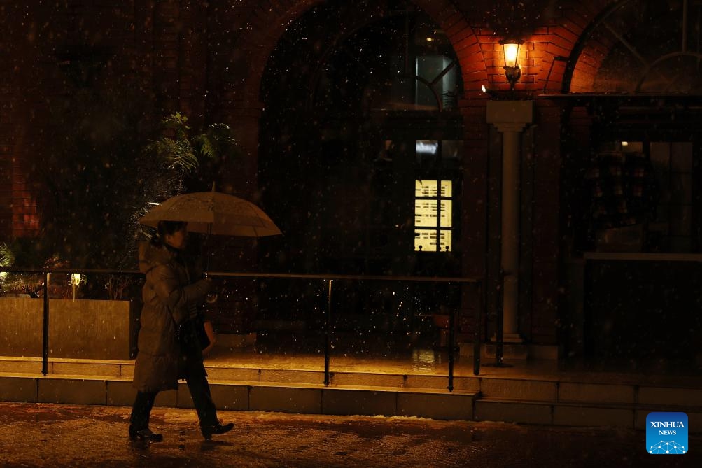 People walk on a street on the first snow day of 2026 in Tokyo, Japan, Jan. 2, 2026. (Xinhua/Jia Haocheng)