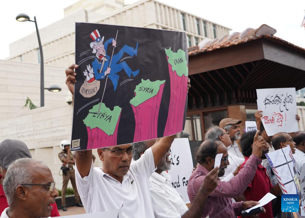 People take part in a rally opposing U.S. attack on Venezuela outside the U.S. Embassy in Colombo, Sri Lanka, Jan. 5, 2026. (Xinhua/Wu Ziyu)