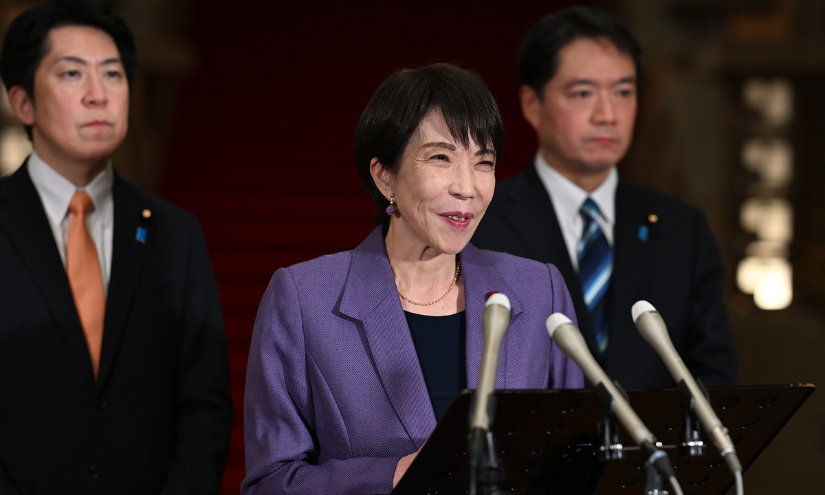 Japanese Prime Minister Sanae Takaichi speaks to the media after a telephone conversation with US President Donald Trump at the Prime Minister's Official Residence in Tokyo, Japan on January 2, 2026. Photo: VCG