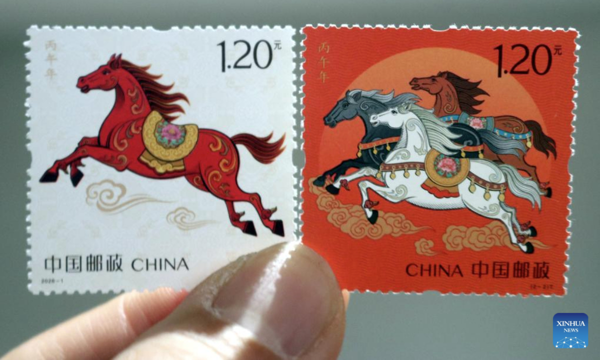 This photo taken on Jan. 5, 2026 shows special stamps marking the Year of the Horse in Suzhou, east China's Jiangsu Province. China Post on Monday unveiled a set of two special stamps to celebrate the upcoming Chinese zodiac Year of the Horse. (Photo by Wang Jiankang/Xinhua)