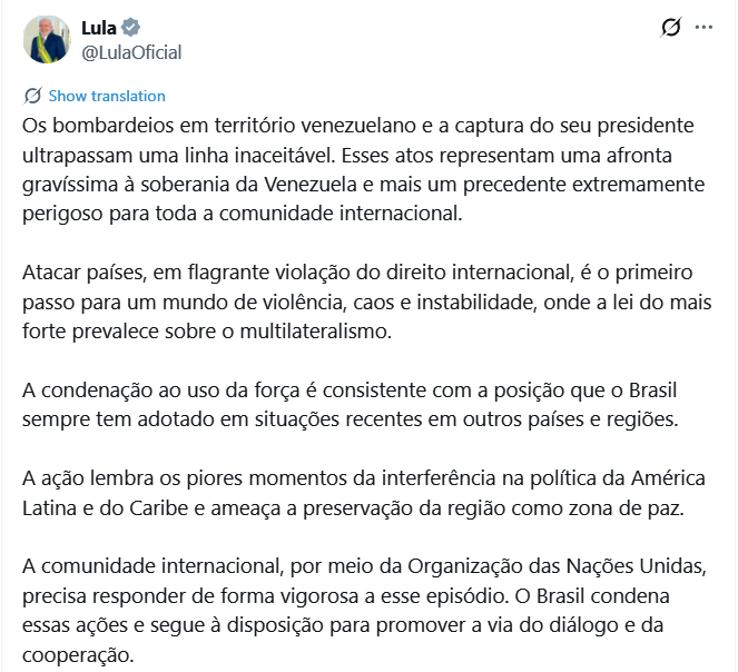 Photo: Post of Brazil’s President Luiz Inácio Lula da Silva on social media platform X