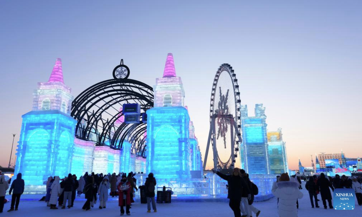 People visit the Harbin Ice-Snow World in Harbin, northeast China's Heilongjiang Province, Jan. 5, 2026. The 42nd Harbin International Ice and Snow Festival kicked off at the Harbin Ice-Snow World here on Monday. (Xinhua/Wang Song)