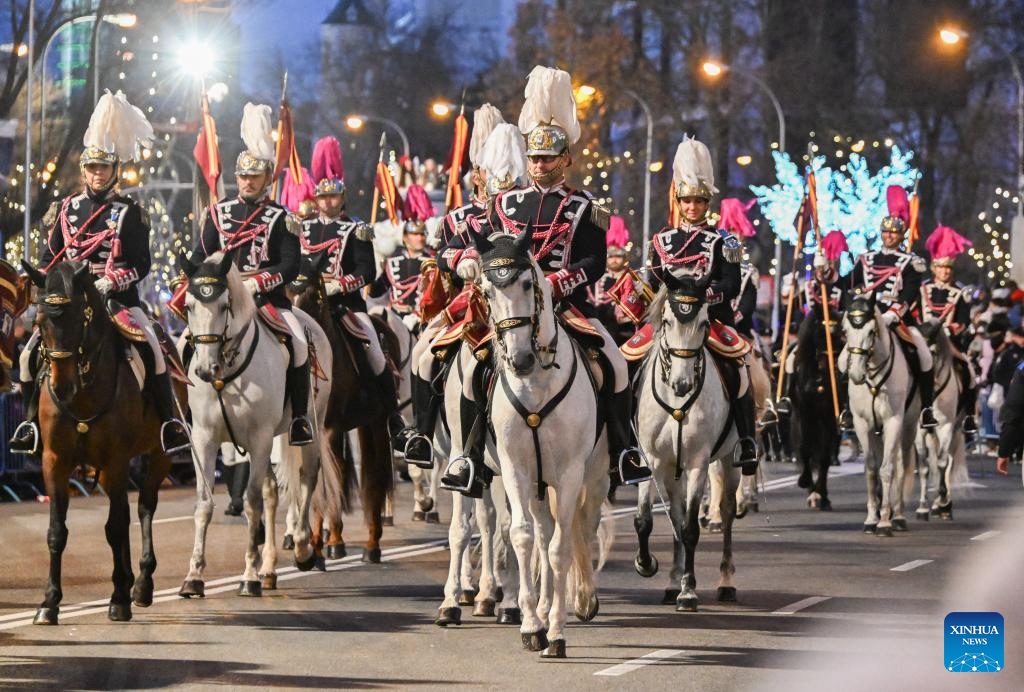 Uniformed riders take part in a parade celebrating Three Kings Day in Madrid, Spain, on Jan. 5, 2026.
A grand Three Kings Day float parade was held in Madrid on Monday, drawing thousands of people to watch. (Xinhua/Cheng Min)