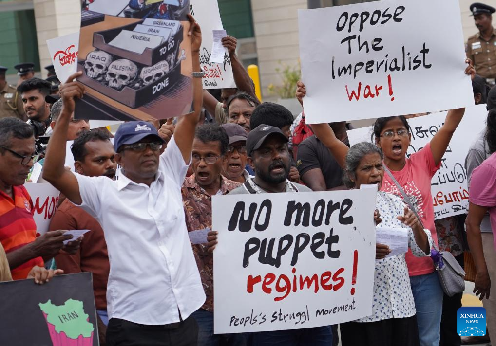 People take part in a rally opposing U.S. attack on Venezuela outside the U.S. Embassy in Colombo, Sri Lanka, Jan. 5, 2026. (Xinhua/Wu Ziyu)