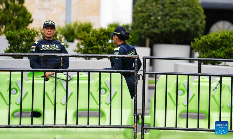 Colombian police officers stand guard outside the U.S. Embassy in Bogota, Colombia, Jan. 3, 2026. (Photo: Xinhua)