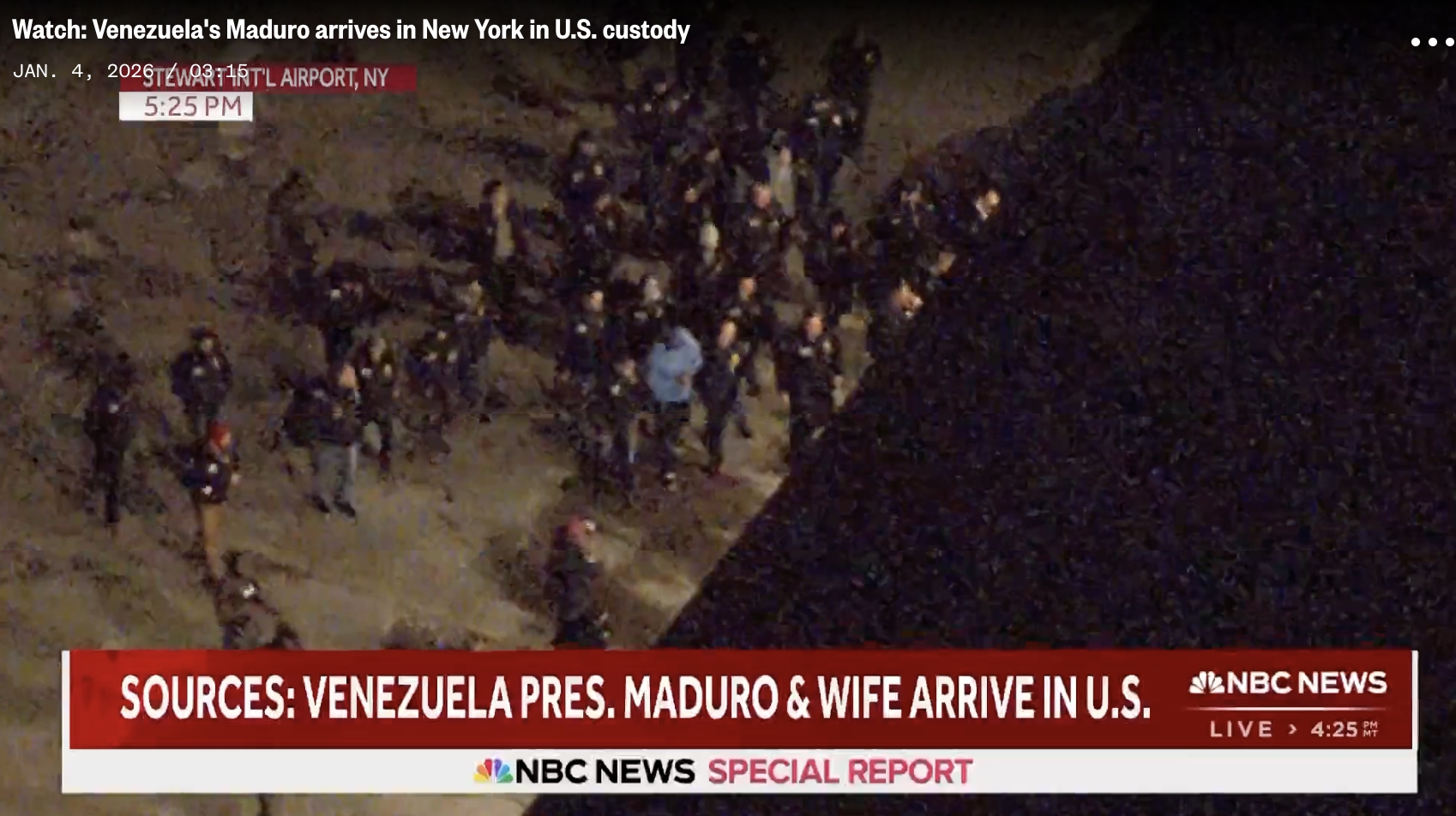 Photo: a screenshot of NBC News helicopter video showing Venezuelan President Nicolás Maduro arriving at Stewart International Airport in New Windsor, New York, on local time January 3, 2026.