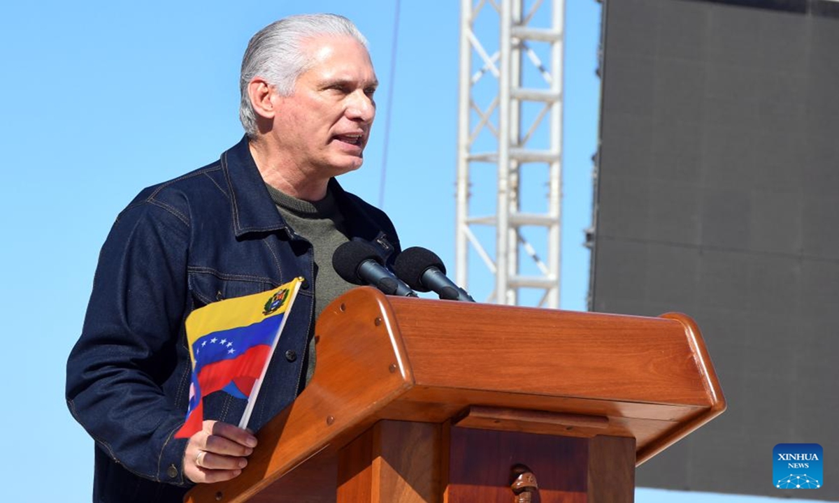 Cuban President Miguel Diaz-Canel delivers a speech at an event condemning the US military aggression against Venezuela in Havana, capital of Cuba, on January 3, 2026.  Photo: Xinhua