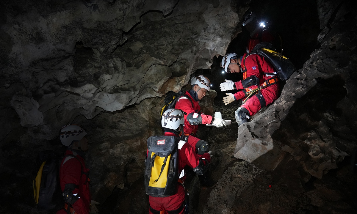 Photo: Taikonauts participate in China's first cave training in Wulong district, in Southwest China's Chongqing Municipality in December. Photo: courtesy of Astronaut Center of China 

