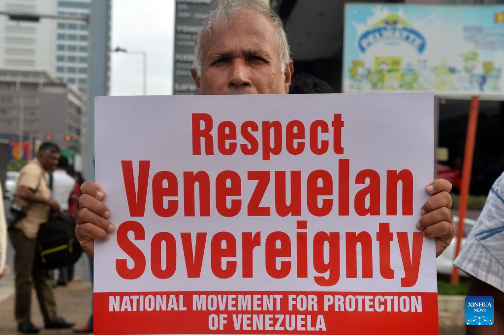 People take part in a protest opposing U.S. attack on Venezuela in front of the U.S. embassy in Colombo, Sri Lanka, Jan. 6, 2026. (Photo by Gayan Sameera/Xinhua)
