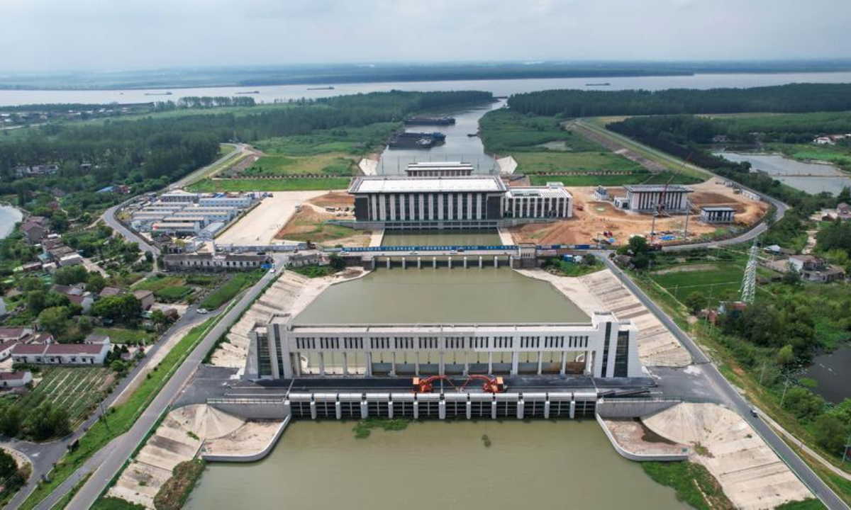 An aerial drone photo taken on July 27, 2025 shows the Fenghuangjing Pumping Station, which is part of the Yangtze-to-Huaihe Water Diversion Project, in Wuhu, east China's Anhui Province.  (Xinhua/Cao Li)