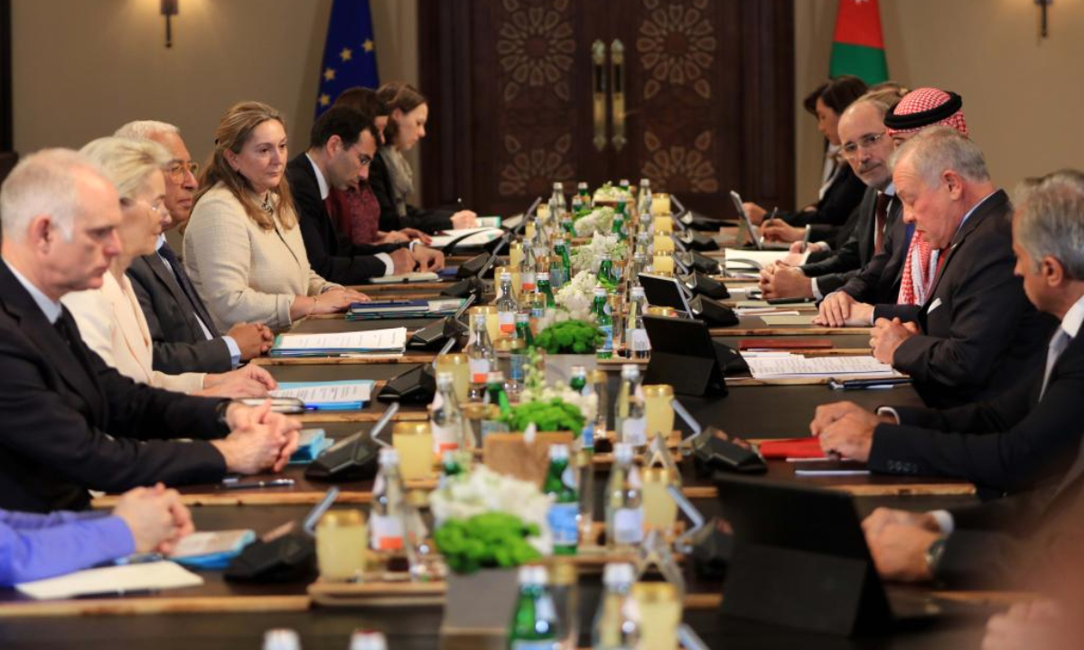 Jordan's King Abdullah II meets with the EU delegation at Al Husseiniya Palace in Amman, Jordan, Jan. 8, 2026. (Photo by Mohammad Abu Ghosh/Xinhua)