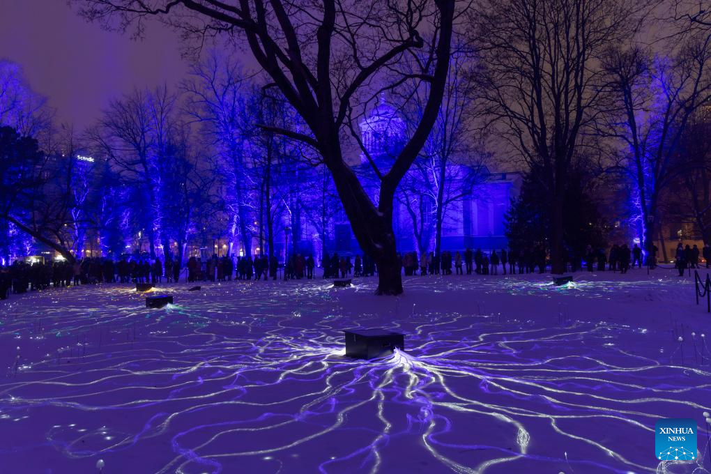 People view a light installation at the light festival in Helsinki, Finland, on Jan. 6, 2026. (Photo by Matti Matikainen/Xinhua)