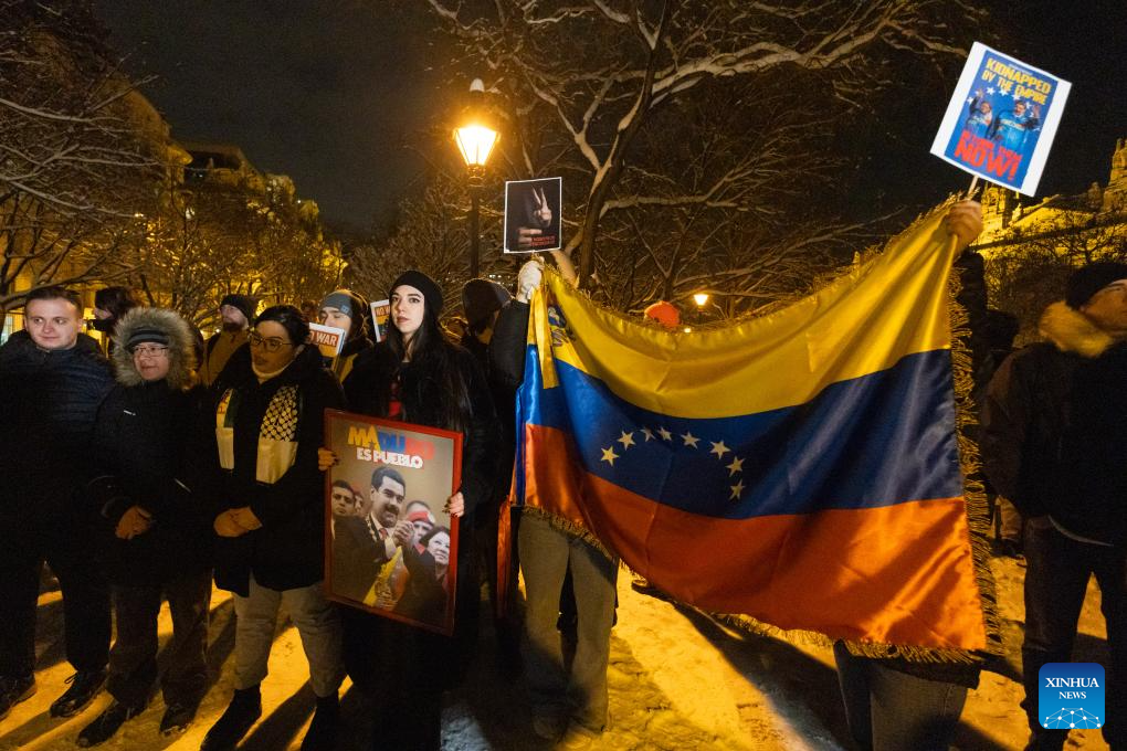 People take part in a protest opposing U.S. attack on Venezuela in front of the U.S. embassy in Budapest, Hungary, Jan. 7, 2026. (Photo by Attila Volgyi/Xinhua)