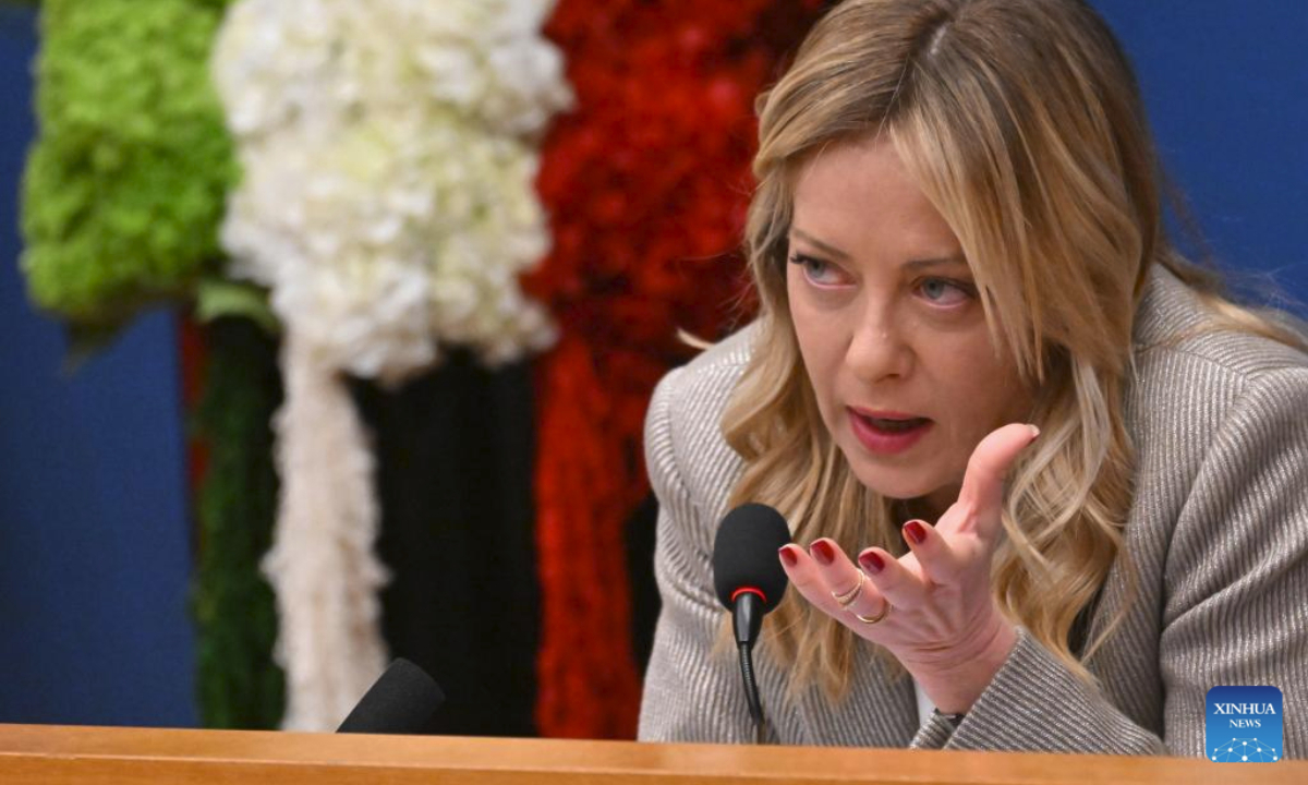 Italian Prime Minister Giorgia Meloni speaks at a press conference in Rome, Italy, Jan. 9, 2026. (Photo by Alberto Lingria/Xinhua)
