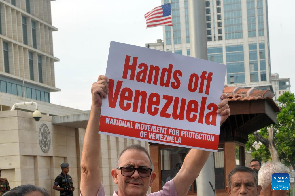 People take part in a protest opposing U.S. attack on Venezuela in front of the U.S. embassy in Colombo, Sri Lanka, Jan. 6, 2026. (Photo by Gayan Sameera/Xinhua)
