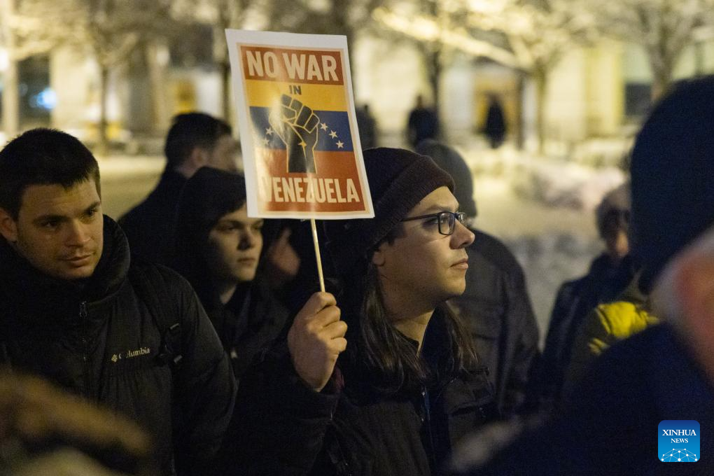 People take part in a protest opposing U.S. attack on Venezuela in front of the U.S. embassy in Budapest, Hungary, Jan. 7, 2026. (Photo by Attila Volgyi/Xinhua)